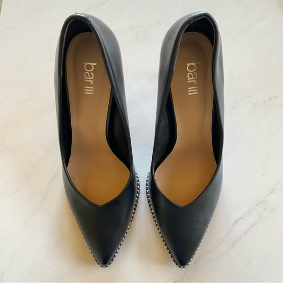 Bar III Black Binsa P Faux Leather Pointed Toe Heels Stilettos Silver Ball Trim - Picture 7 of 9